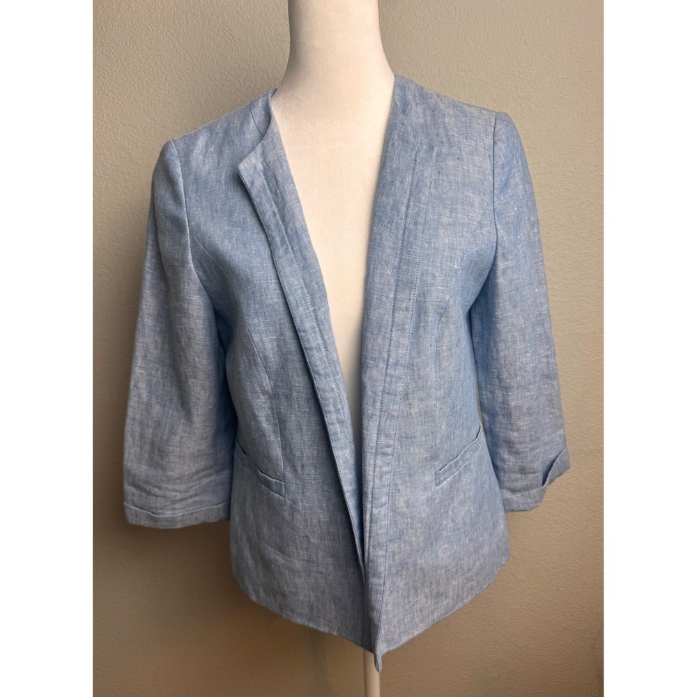 Talbots Petite Blue 100% Linen Open Front Blazer Jacket 4P 3/4 Sleeve Light Blue
